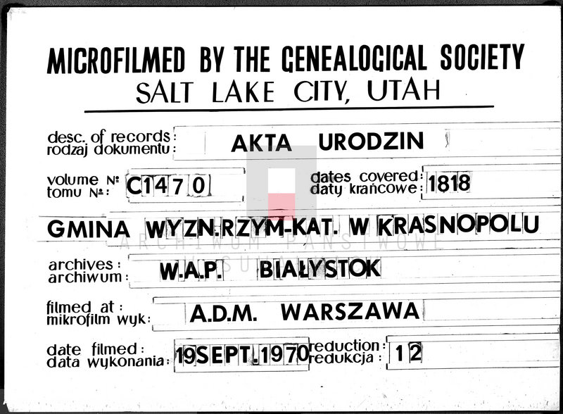 image.from.unit.number "Akta Urodzonych Gminy Krasnopolskiey Powiatu Seyneńskiego w Województwie Augstowskim Roku 1818 od 1 Stycznia."