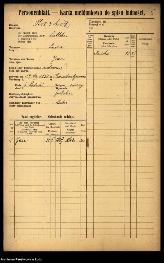 Obraz 7 z jednostki "[Spis ludności Łodzi] Markin - Marosińska"
