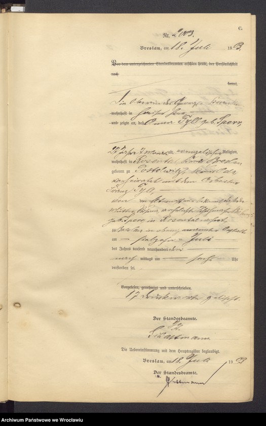 image.from.unit.number "Sterbe Neben Register Standesamt Breslau III 1903 Band 6"