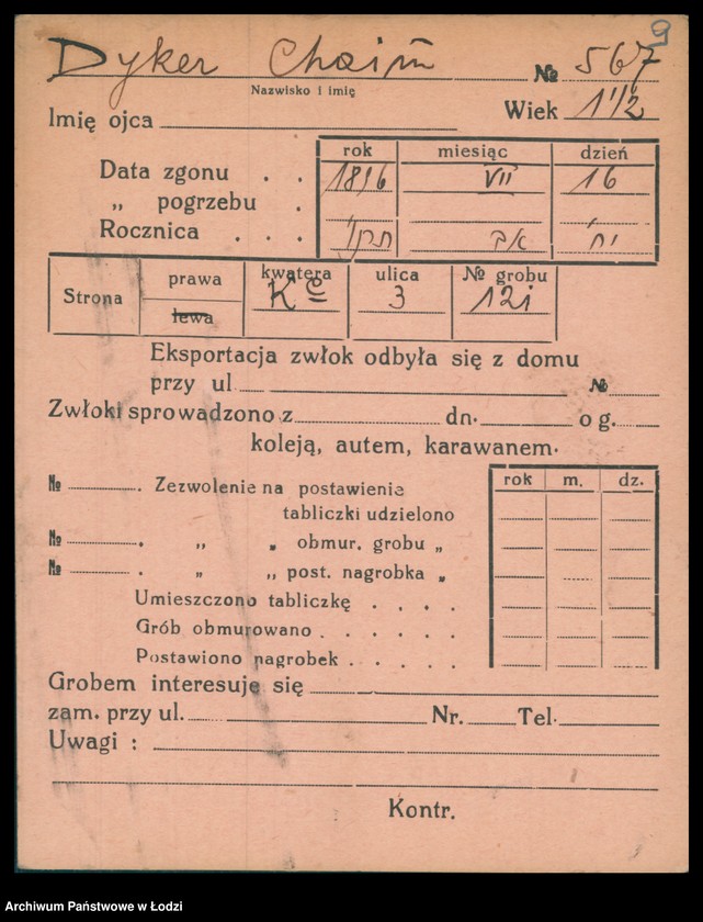 Obraz 10 z jednostki "Kartoteka osób pochowanych na cmentarzu żydowskim przy ulicy Brackiej w latach 1892-1953. Nazwiska na litery: Dy-Dz"