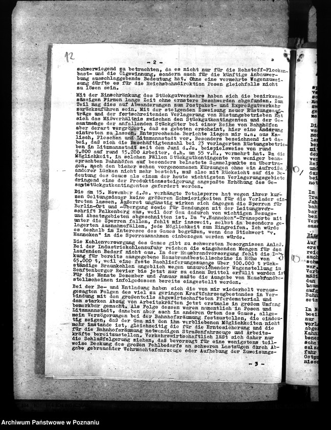 Obraz 16 z jednostki "Berichte über Auswirkungen der Verkehrslage im Reichsbahndirektionsbezirk Posen. Versorgung der bombenbeschädigten Bevölkerung. Treibstoffzuteilungen"