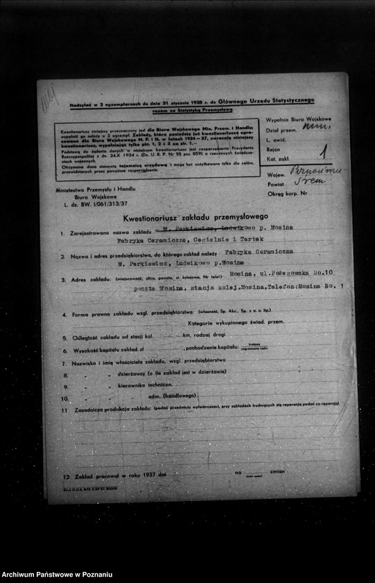 Obraz 5 z jednostki "Kwestionariusz Fabryki ceramicznej , cegielni i tartaku M. Perkiewicza w Ludwikowie powiat śremski"