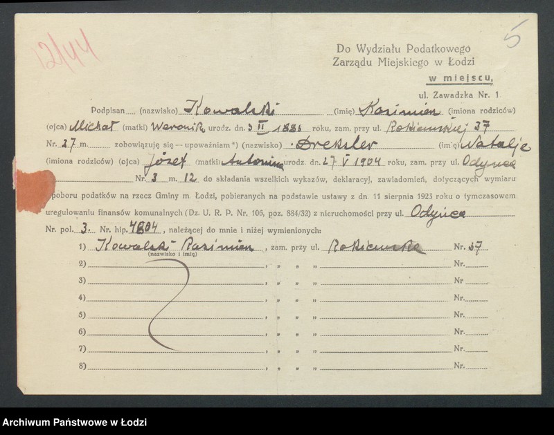 image.from.unit.number "Księga inwentarzowa nieruchomości m. Łodzi ul. Odyńca"