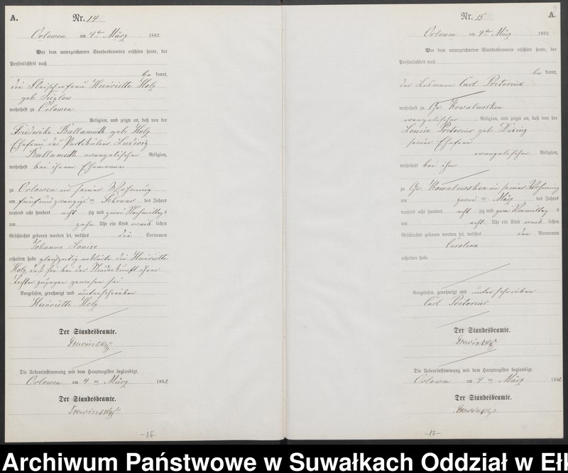 image.from.unit.number "Geburts-Neben-Register des Preussischen Standes-Amtes Orlowen Kreis Loetzen für das Jahr 1882"