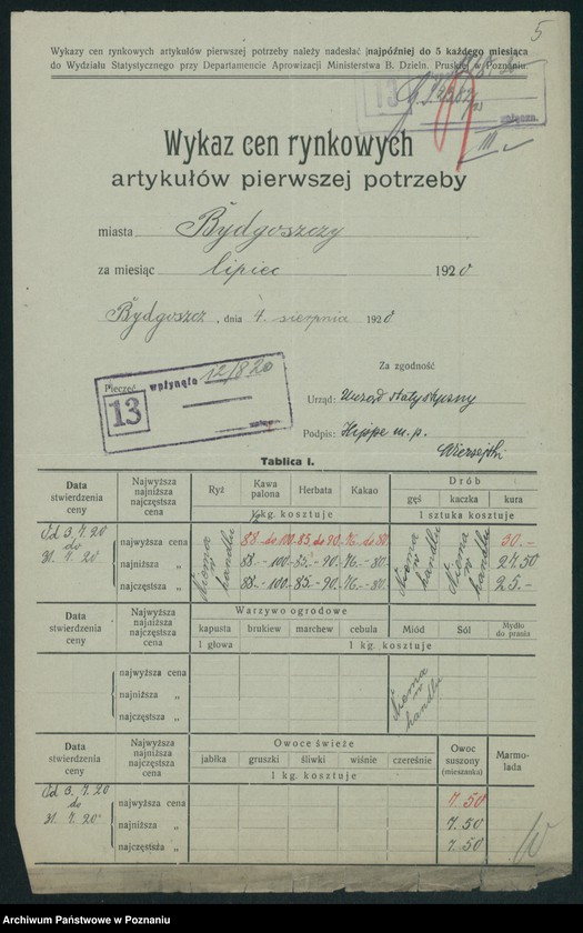 Obraz 7 z jednostki "[Wykaz cen rynkowych artykułów pierwszej potrzeby w poszczególnych miastach Województwa Poznańskiego za miesiąc lipiec 1920]"
