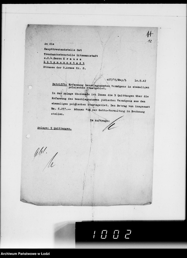 Obraz 14 z jednostki "H.T.O. [Korespondencja z Haupttreuhandstelle Ost w sprawach finansowych oraz majątku żydowskiego]"