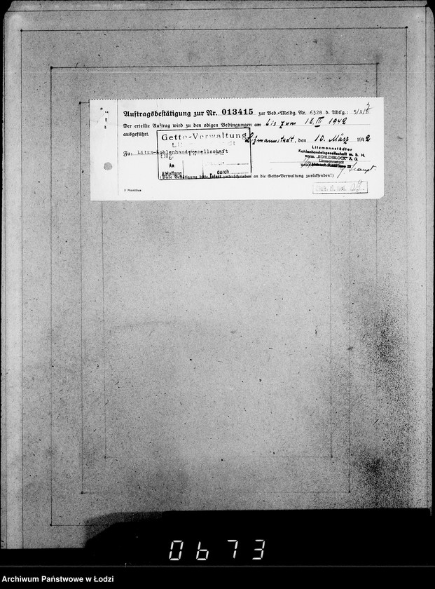 Obraz 6 z jednostki "Aufträge [Lieferscheinen und Rechnungen] 13371-13415. [Dostawa produktów do Getta]"