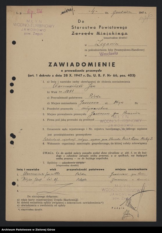 Obraz 8 z jednostki "Nłyn w Dolanowie - karta rzemieślnicza, karta rejestracyjna , opis techniczny, zawiadomienie o prowadzeniu działalności"