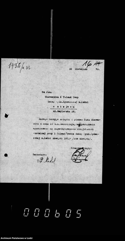 Obraz 20 z jednostki "Akta dotyczące I Talmud Tory przy ul. Goplańskiej 26"