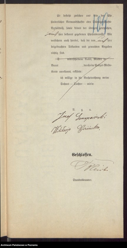 Obraz 6 z jednostki "Die von den Verlobten beigebrachten Urkunden zur Eheschliessung pro 1896"