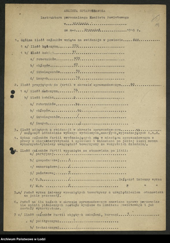 Obraz 20 z jednostki "Ankiety sprawozdawcze instruktora Komitetu Powiatowego Wieluń [z załącznikami]"