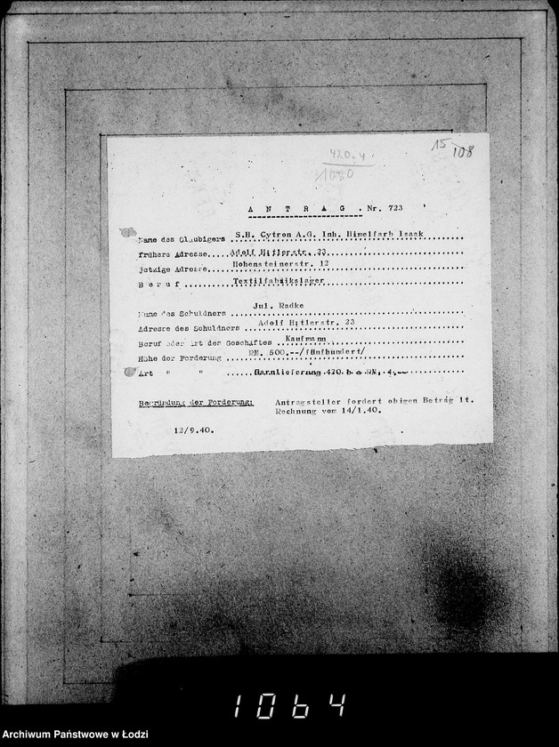 Obraz 19 z jednostki "J.721-740 [Wnioski Żydów z Getta o zwrot należności za dostarczony towar]"