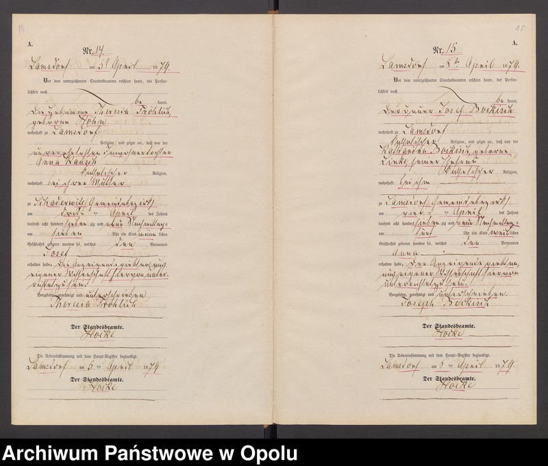 image.from.unit.number "Geburts-Neben-Register des Standesamts Lamsdorf No 15 pro 1879"