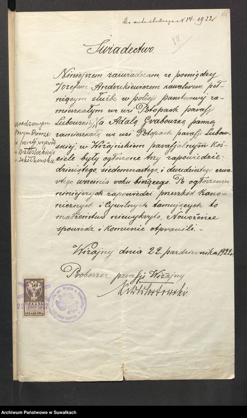image.from.unit.number "Dokumenta so aktów ślubnych parafji Smolnickiej za 1922 rok"