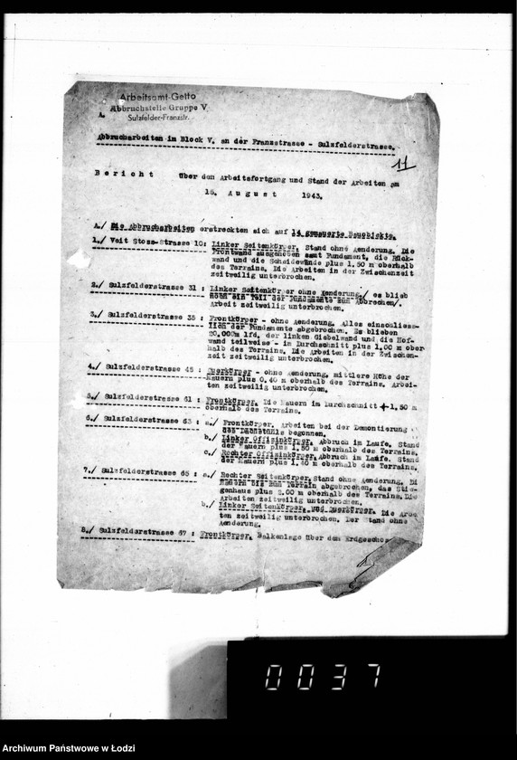 Obraz 15 z jednostki "Abbrüche im Getto. [Korespondencja w sprawie rozbiórki domów w Getcie, miesięczne zestawienia wykonanych prac, wykazy zatrudnionych przy pracach rozbiórkowych]"