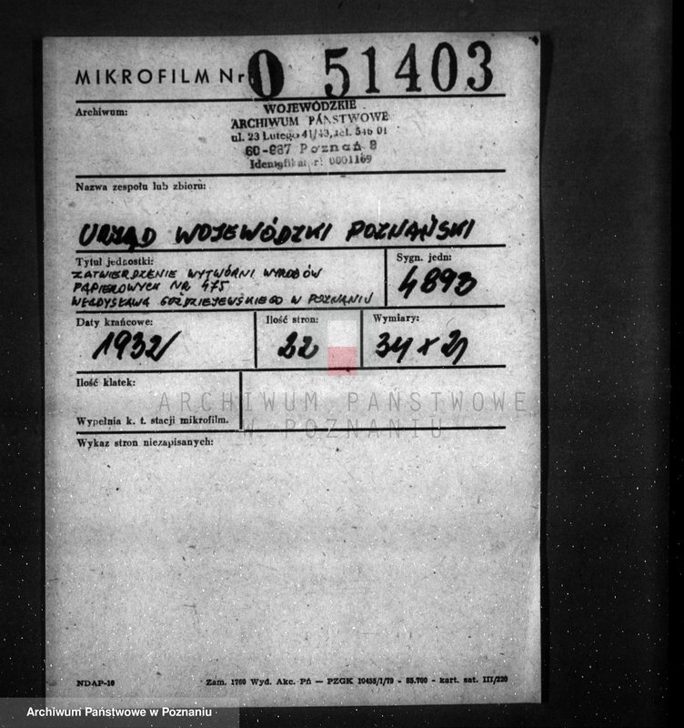image.from.unit.number "Zatwierdzenie wytwórni wyrobów papierniczych nr 475 Władysława Goździejewskiego w Poznaniu"