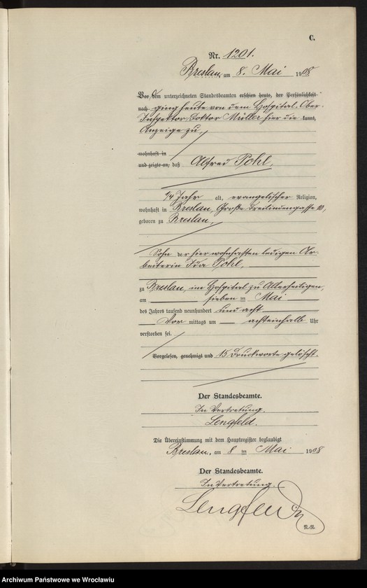 image.from.unit.number "Sterbe-Neben-Register Breslau I 1908 Band 4"