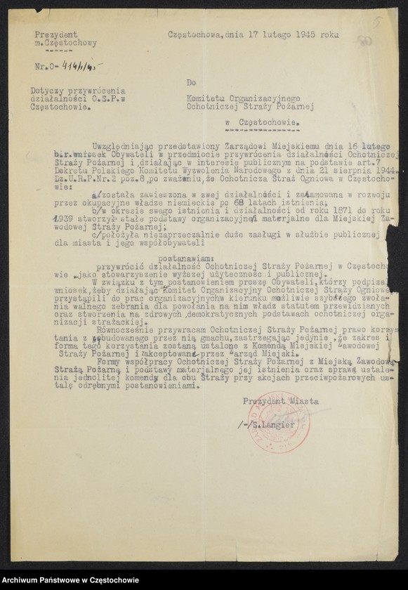 image.from.unit.number "[Sprawa przywrócenia działalności Ochotniczej Straży Pożarnej w Częstochowie po 1945 roku-korespondencja z Prezydentem Miasta]"