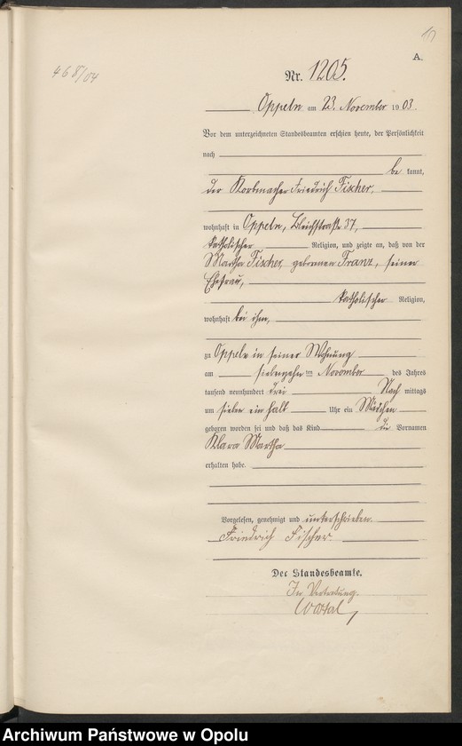 Obraz 15 z jednostki "Urząd Stanu Cywilnego w Opolu 1903 Rejestr Urodzeń Księga Miejscowa Nr 1196 do 1355"