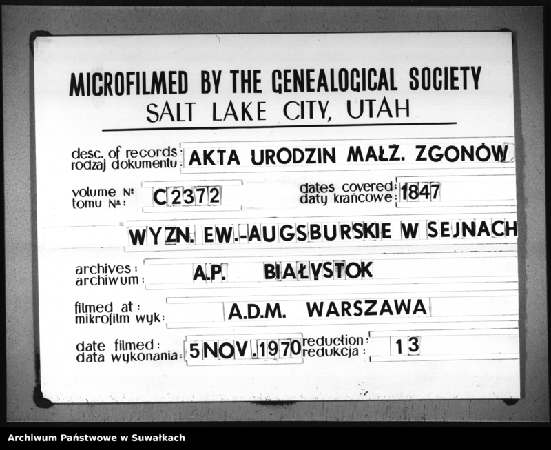Obraz 1 z jednostki "Księga Duplikat do zapisywania Aktów Urodzenia, Zaślubienia i Zeyścia dla filiału Seyneńskiego Ewangelickiego na Rok 1847."
