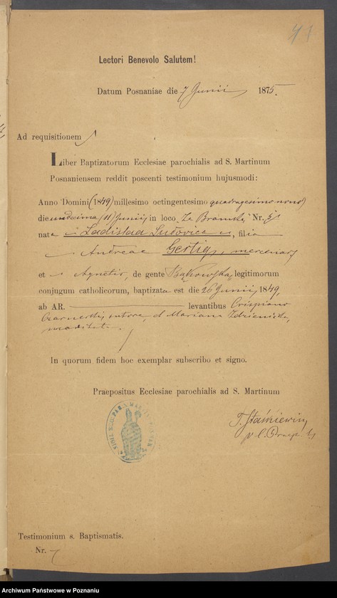 Obraz 9 z jednostki "Die von den Verlobten beigebrachten Urkunden zur Eheschliessung pro 1875"