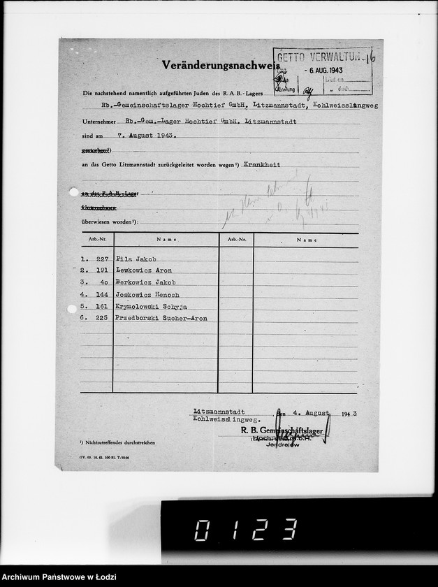 Obraz 20 z jednostki "Sonderkonto 12300. Arbeitsamt Litzmannstadt Judenlager: Löwenstadt- (Amtskommissar Löwenstadt), Hulanki- (Krs.Litzmannstadt), Jendrzejów, Andrzejów, Ostrowo (Krs.L-stadt)."
