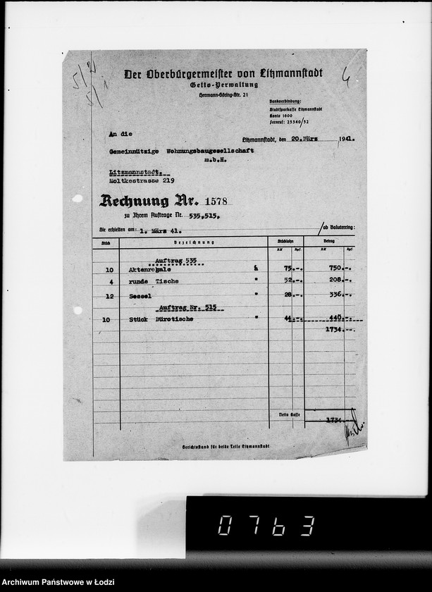 Obraz 8 z jednostki "Ausgelieferte und bezahlte Kommisionen Konto 1-6. [Wnioski na meble biurowe w zakładzie Getta w Łodzi]"