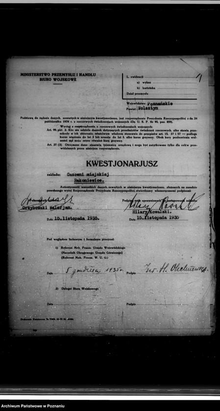 Obraz 5 z jednostki "Kwestionariusz Gazowni Miejskiej w Rakoniewicach powiat wolsztyński"