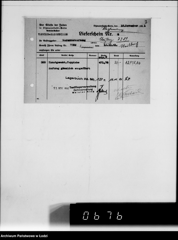 Obraz 7 z jednostki "F-ma St.Weilbach Litzmannstadt II Warenverwertung an den Juden Ältesten. 300 Stck.Teppiche"