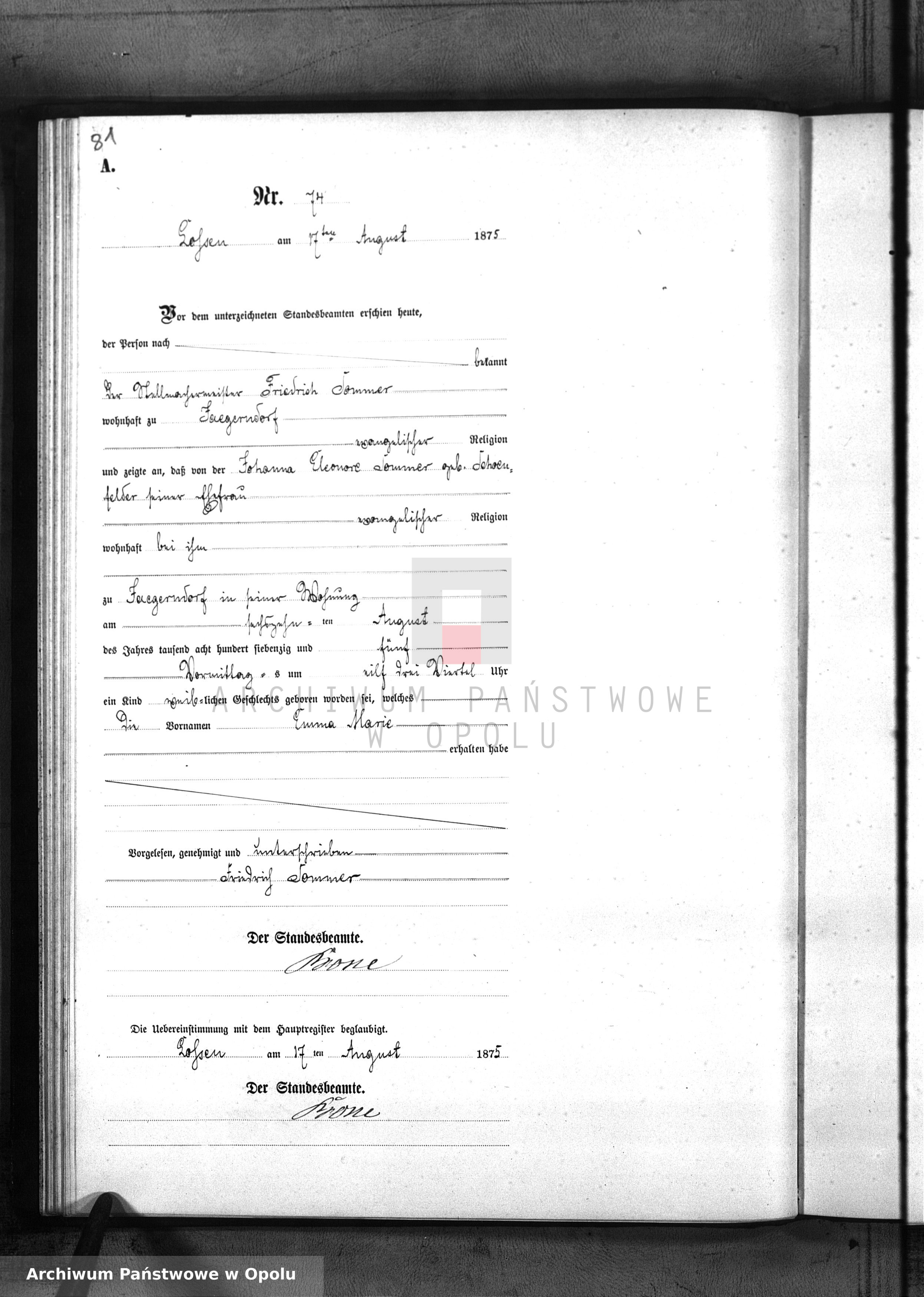 Skan z jednostki: Geburts-Neben-Register Standes Amt Lossen 1875