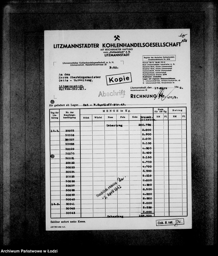 Obraz 16 z jednostki "Aufträge [Lieferscheinen und Rechnungen] 13371-13415. [Dostawa produktów do Getta]"
