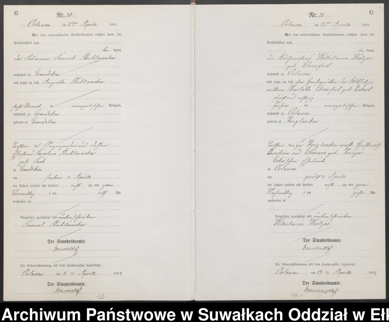 image.from.unit.number "Sterbe-Neben-Register des Preussischen Standes-Amtes [Orlowen] Kreis [Loetzen] für das Jahr 1882"