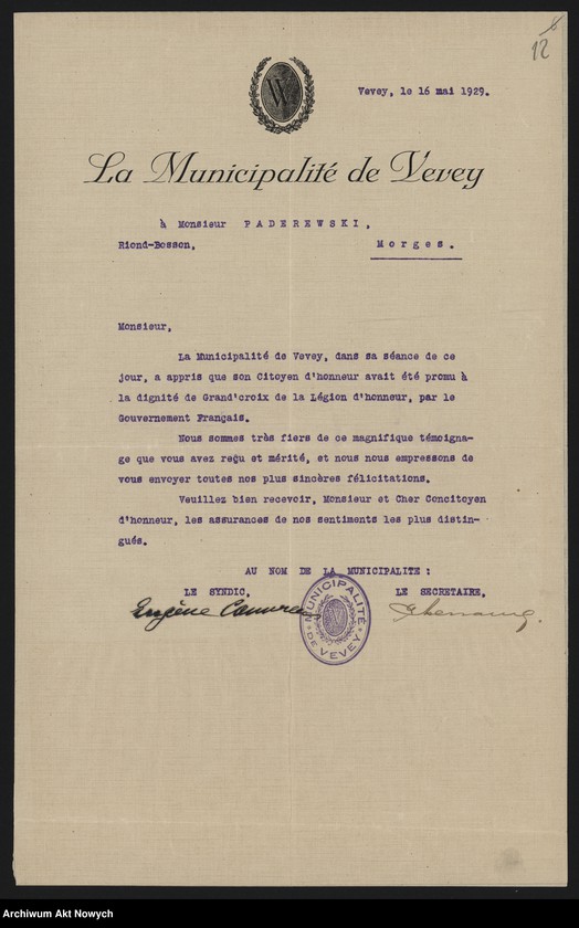 Obraz 14 z jednostki "Municiapalité de Vevey; Załączniki: a) zaproszenia; b) wycinek prasowy; c) 2 fotografie Bulwaru I. J. Paderewskiego; L.19 (odpowiedzi - rękopisy)"