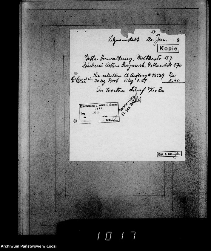 Obraz 18 z jednostki "Aufträge [Lieferscheinen und Rechnungen] 12481-12530 Lebensmitteleinkauf 5/Mü [Dostawa artykułów pierwszej potrzeby do Getta]."