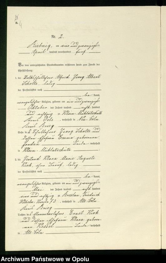 Obraz 7 z jednostki "Heiraths-Neben-Register Standes-Amt Riebnig 1905"