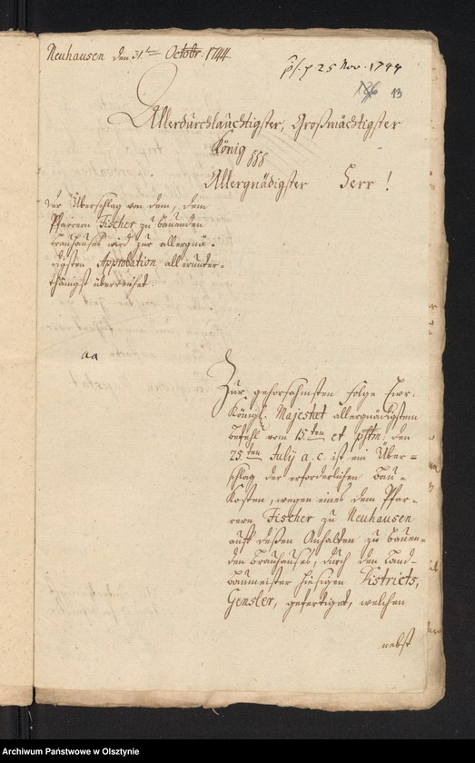 image.from.unit.number "In S. [Sachen] des Pfarrer Fischer zu Neuhausen [Romnowo]. Die Rohdung der Pfarr Wiesen und den Bau eines Brau=Hauses"