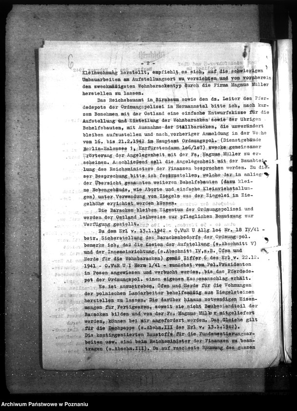 Obraz 10 z jednostki "Barackenbedarf der Ordnungspolizei - Posen: 1) Kraftwagenbaracke, 2) 2 Gefängnisbarakken, 3) 3 Baracke für Kaserne, 4) 7 - 1 Backere für Hermannstal"