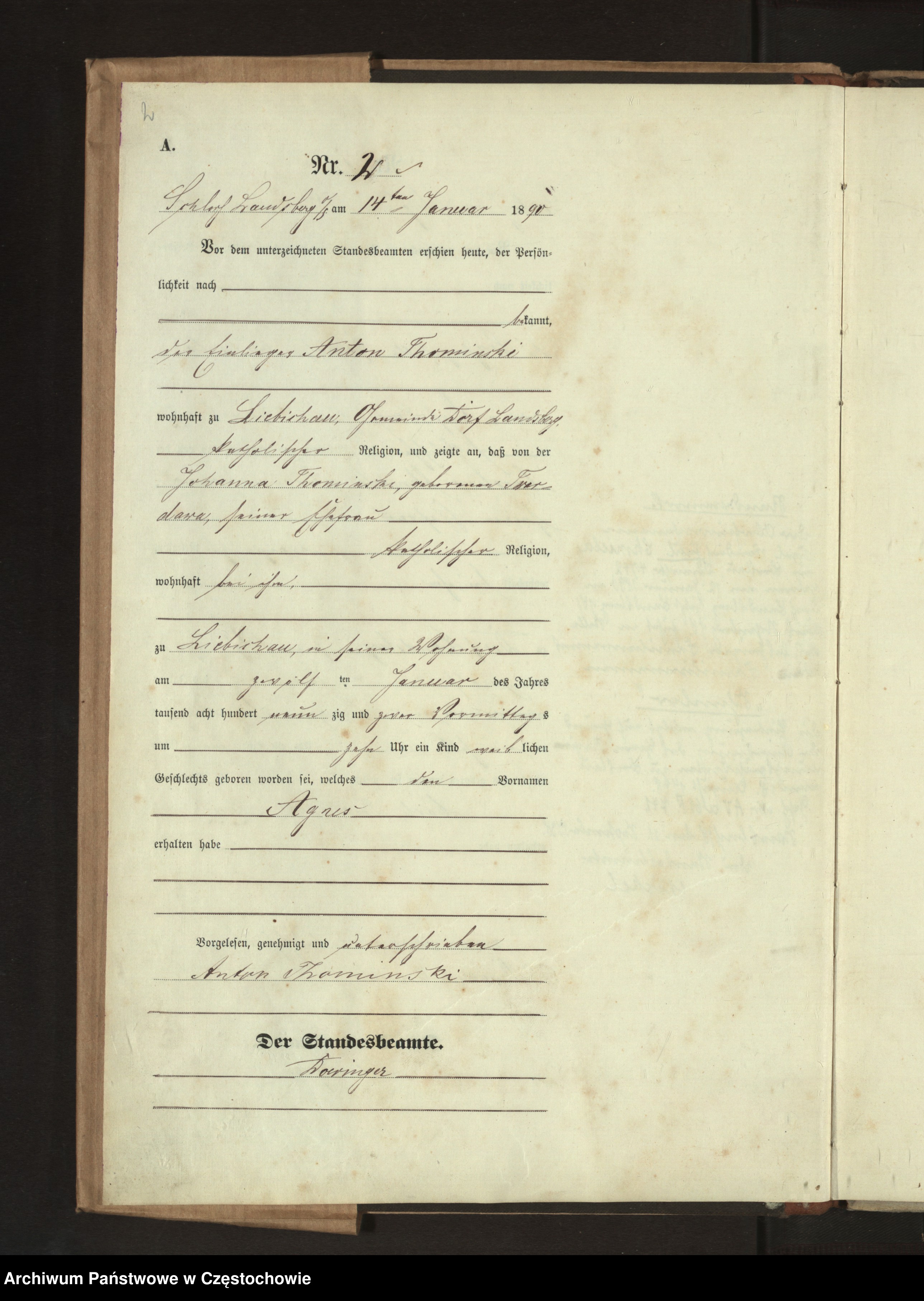 Skan z jednostki: Geburts - Haupt - Register des Koniglich Preussiechen Standesamts Wienskowitz  im Kreise Rosenberg o/ S. pro 1890.