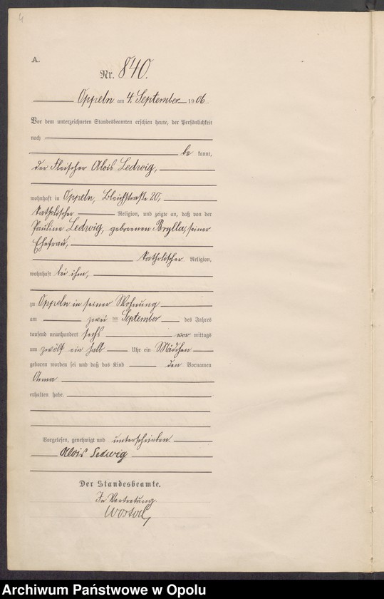 Obraz 8 z jednostki "Urząd Stanu Cywilnego w Opolu 1906 Rejestr Urodzeń miejscowa Nr 838 do 1264"