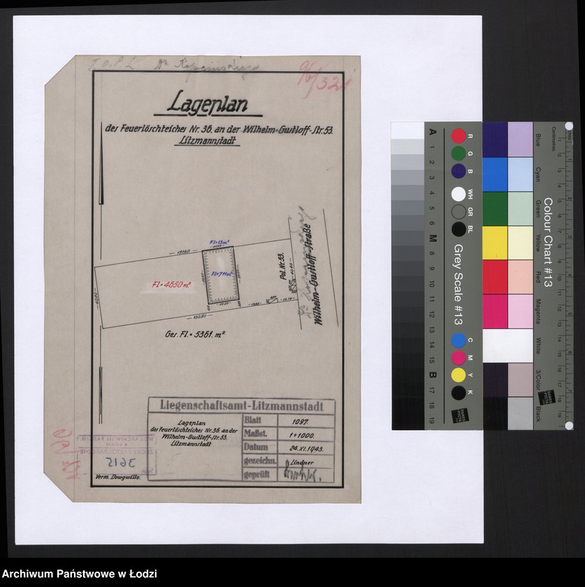 Obraz 1 z jednostki "Lageplan des Feuerlöschteiches Nr 36 an der Wilhelm Gustloff Straße 53 Litzmannstadt"