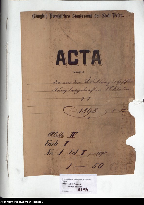 Obraz 2 z jednostki "Die von den Verlobten beigebrachten Urkunden zur Eheschliessung pro 1898"