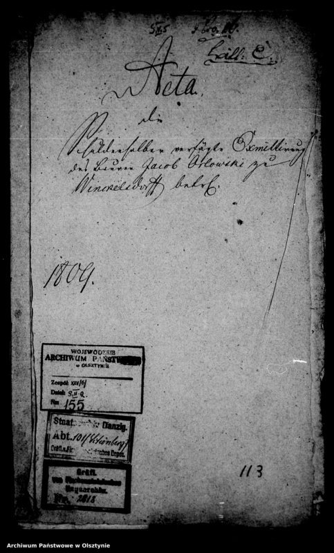 image.from.unit.number "Acta ... die Schulden halber verfügte Exmittirung des Bauern J. Orlowski aus Winckelsdorf betreffend"