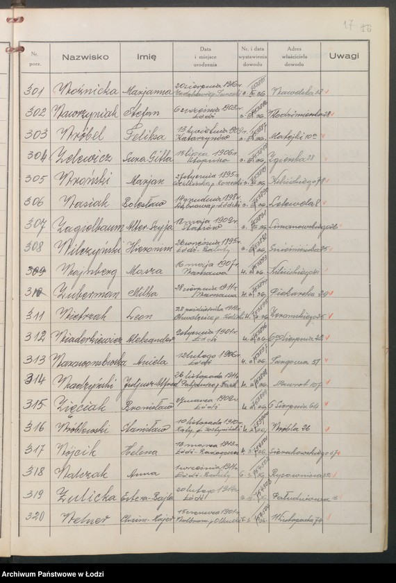 Obraz 19 z jednostki "Ewidencja dowodów osobistych wydanych przez Zarząd Miejski w Łodzi, zespół nr 8 [- nazwiska na litery] U, W, Z, Ż"