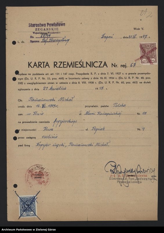 Obraz 4 z jednostki "Nłyn w Dolanowie - karta rzemieślnicza, karta rejestracyjna , opis techniczny, zawiadomienie o prowadzeniu działalności"