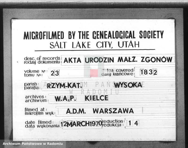 image.from.unit.number "Duplikat Książka Urodzonych, Zaślubionych i Zmarłych Parafii Wysoka w powiecie Szydłowieckim Obwodzie Opoczyńskim Województwie Sandomierskiem z roku 1832"