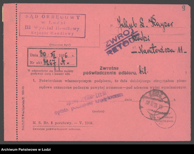 Obraz 11 z jednostki "Jakób L.Kajzer- wyrób towarów manufakturowych"