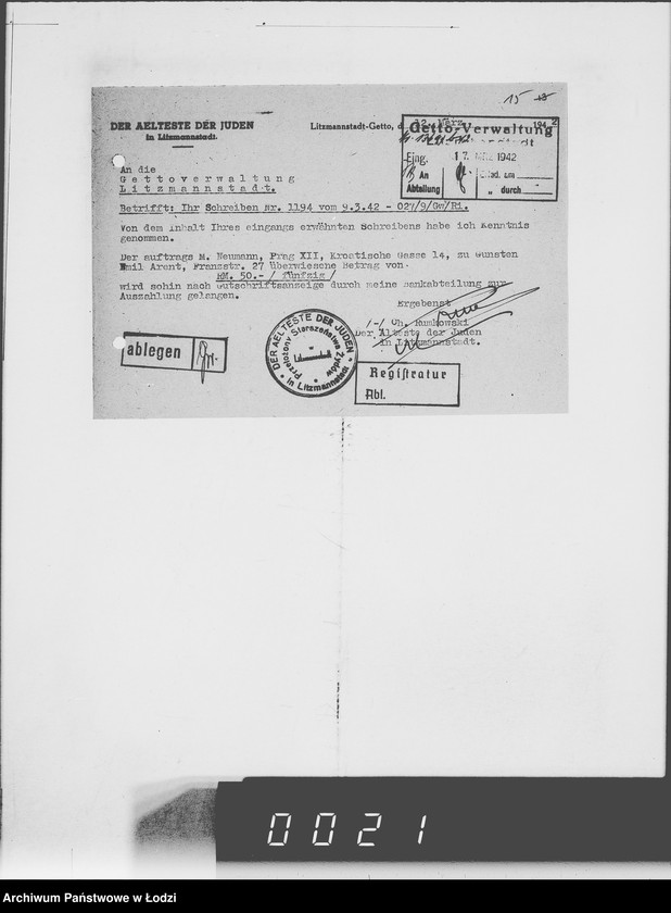 Obraz 19 z jednostki "Betr.Korrespondenz Buchhaltung mit dem Ä[ltesten] d[er] J[uden] Nr.801-1200"