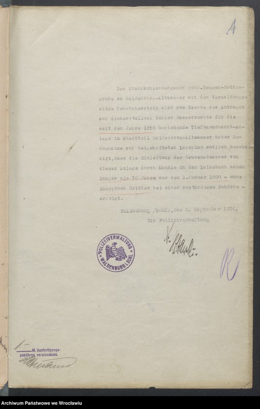 image.from.unit.number "Antrag auf Sicherstellung hilfsw. Verleihung u. Wasserrechten und deren Eintragung in das Wasserbuch für das Steinkohlenbergwerk Cons. Seegen-Gottes-Grube zu Altwasser Kr. Waldenburg i. Schl. Tiefbau-Schacht-Anlage I+II"