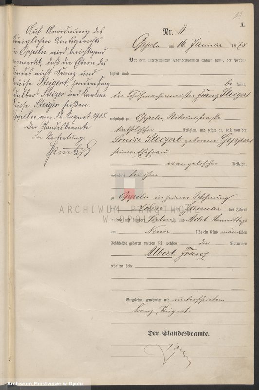 Obraz 15 z jednostki "Urząd Stanu Cywilnego w Opolu 1878 Rejestr Urodzeń Księga Miejscowa Nr 1 do 487"