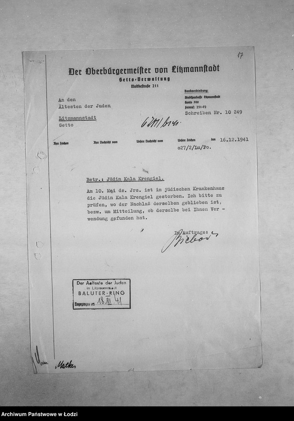 Obraz 20 z jednostki "[Korespondencja PSŻ z GV, z instytucjami i firmami niemieckimi w sprawie informacji o mieszkańcach getta: ich adresach, majątku, narodowości itp. – w związku z rentami i wierzytelnościami]"